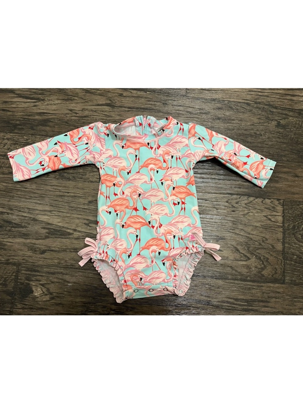 Ruffle Butts Pink & Aqua Flamingo Long Sleeve Swim One-Piece